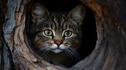 Fototapeta premium A wildcat hiding in a tree hollow, watching carefully for any signs of movement below.