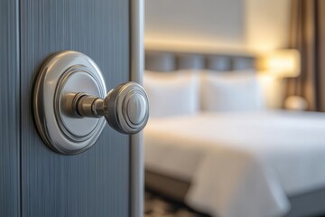 Closeup view of a hotel room doorknob with a cozy bedroom in the background inviting relaxation and comfort Generative AI