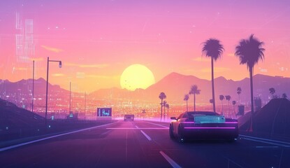Retro futuristic highway at sunset.  Palm trees, digital overlays, and a sleek car drive down a road