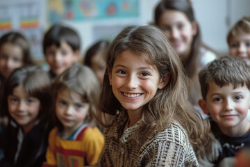 Children eagerly raising hands in a colorful classroom, engaging with a teacher standing in front of a whiteboard filled with drawings and equations.
