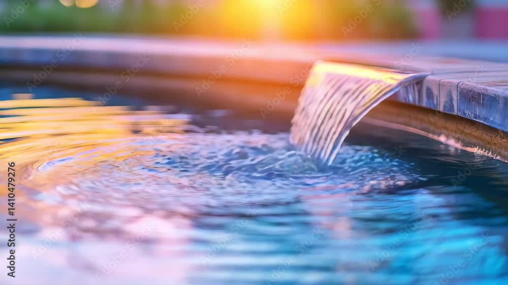 Poster serene water flowing from a stone edge into a tranquil pool at sunset with shimmering reflections