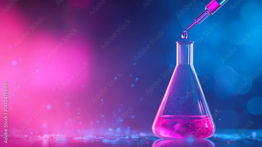 Poster vibrant laboratory scene with glass flask and colorful liquid against a bokeh backdrop