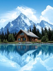Mountain Cabin Reflection - Serene log cabin nestled beside a tranquil lake, reflecting majestic snow-capped mountains. Perfect for nature, travel, and real estate