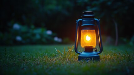 Vintage lantern illuminating a garden at dusk with soft bokeh background