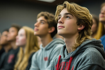 Obraz premium Young man stands out in a busy crowd, face lit with determination, surrounded by blurred figures.