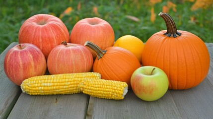 Rustic wooden table with pumpkins, apples, and corn, evoking a warm Thanksgiving harvest spirit.
