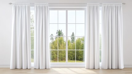 A bright window covered with white curtains revealing a forest