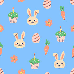 Happy Easter seamless pattern with rabbit and carrot on blue background. Happy Easter hand drawn card. Flat illustration with partial outline. Vector illustration.