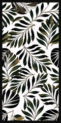 A seamless pattern of stylized palm leaves in black and white , creating a dense , tropical geometric design