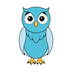 Cute cartoon owl, a wise bird character, on a nature tree branch