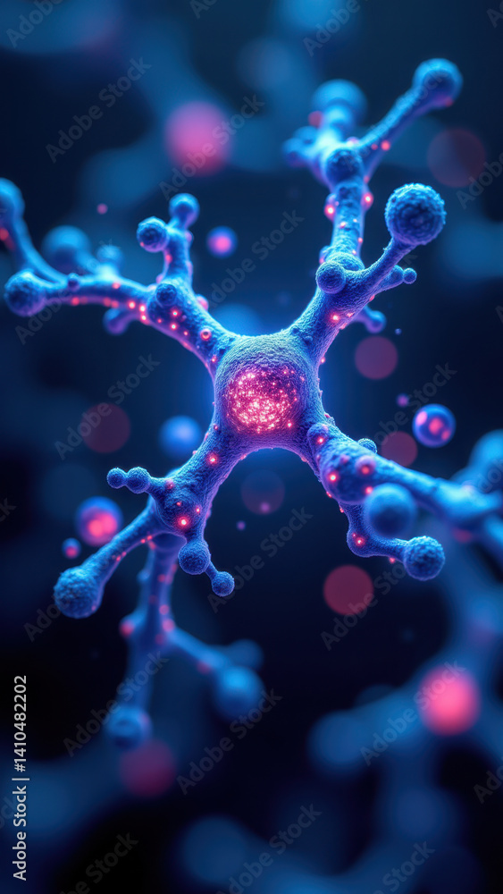 Poster intricate network of glp-1 cells under a microscope, illuminated with blue light.