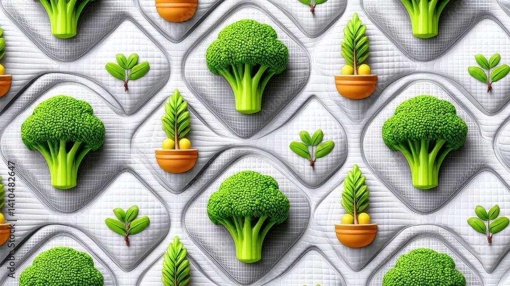Poster 3D Render of Broccoli and Plants Pattern on Gray Textured Background
