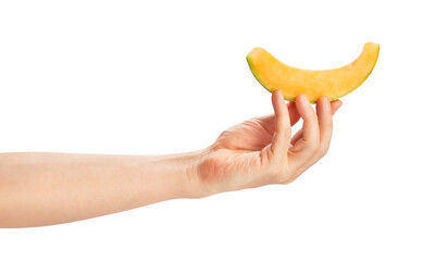 sliced cantaloupe in hand path isolated on white