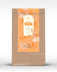Craft Paper Bag with Fruit and Berries Tea Label. Realistic Vector Pouch Packaging Design Layout. Modern Typography, Hand Drawn Kumquat and Leaves Silhouettes Background Mockup Isolated