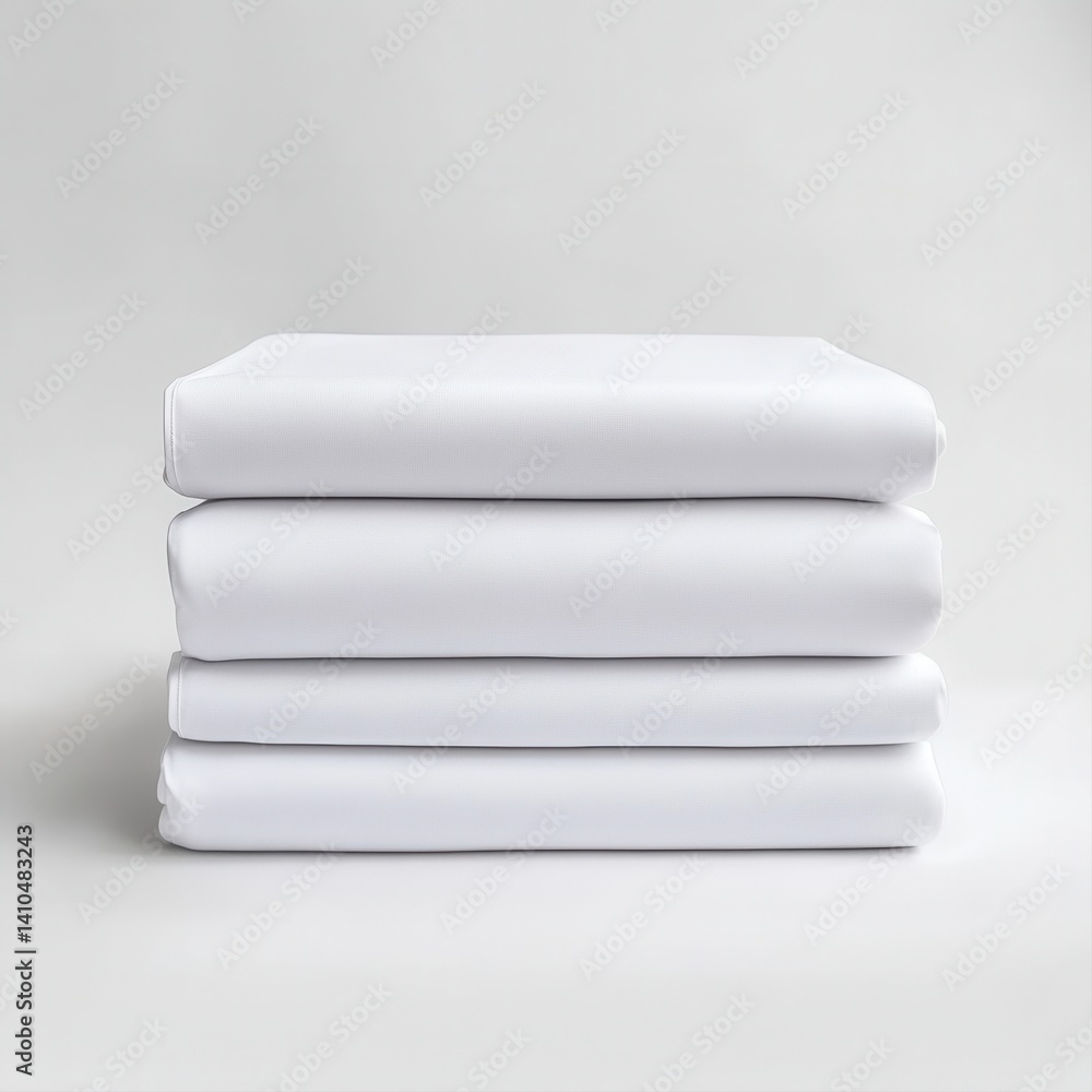 Poster stack of soft white bed sheets neatly arranged on a clean gray background for home decor or retail u