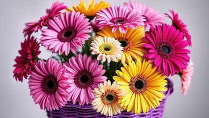 Yellow and Pink Gerberas with Violet Flowers in a Purple Wicker Pot - Spring Floral Arrangement
