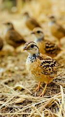 A group of small birds standing on top of dry grass