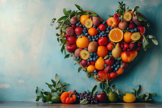 Heart shaped fruit and leaf arrangement on wooden table, symbolizing love and health.