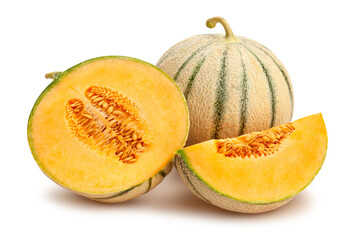 sliced cantaloupe path isolated on white