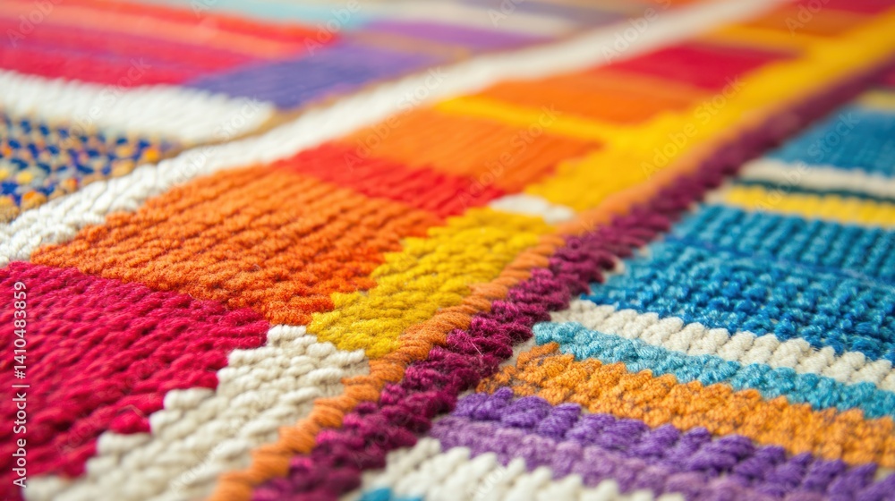 Poster a colorful handmade textile with various textured geometric patterns