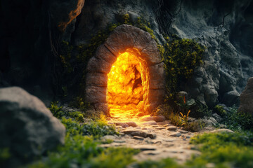 Fire blazing from cave opening, illuminating rocky silhouette within. Atmospheric and mysterious setting, hinting at hidden depths.