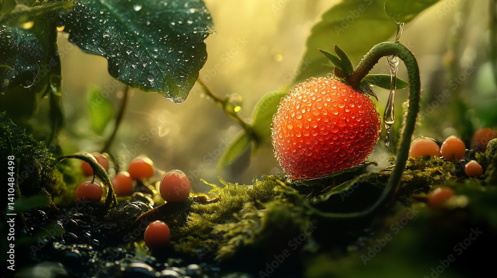 Poster close up of a red fruit with water droplets and small mushrooms in a forest setting with soft lighti