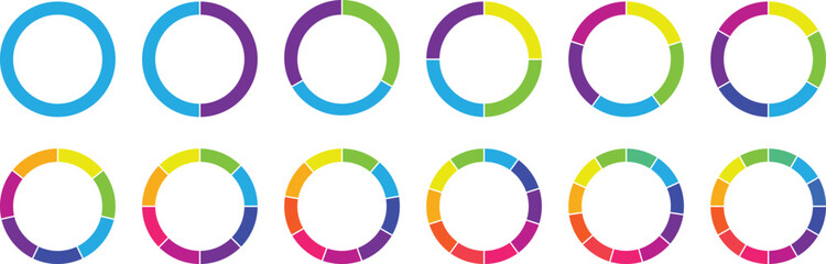 Pie charts diagrams. Circle section graph. Set of different color circles isolated. Infographic element round shape. Pie chart divided 1,2,3,4,56,7,8,9,10,11,12 equal parts. Vector illustration