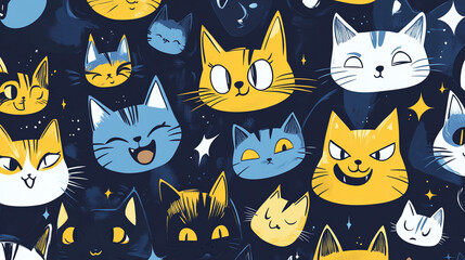 Cute cartoon cat faces in a playful pattern, various expressions and colors on a dark background.