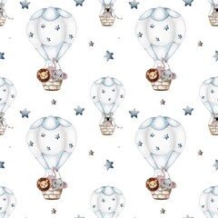 Colorful hot air balloons with cute animals create a whimsical and playful pattern for decor