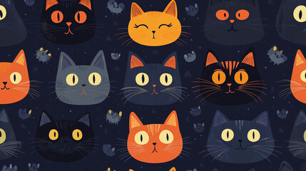 Cute cartoon cat faces seamless pattern on a dark background with bats and stars. Halloween themed.