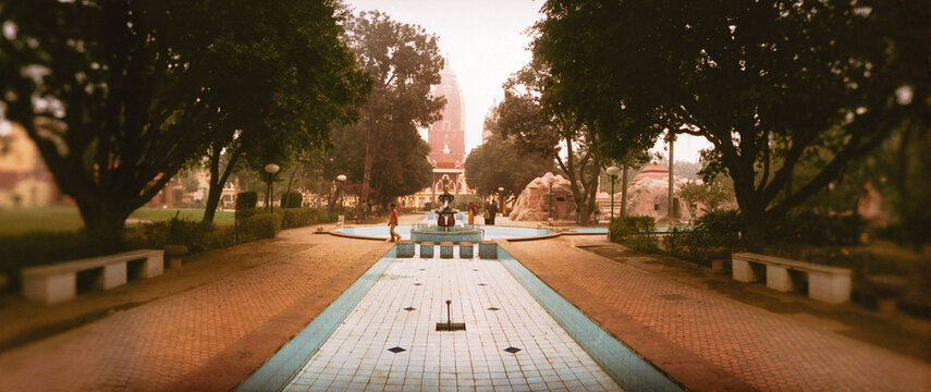 Panoramic image of park of a temple, Lakshmi Narayan Temple, Delhi, India.