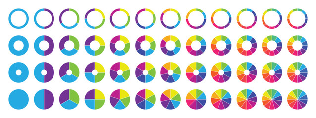 Circle pie chart diagram. Circle section graph. Pie chart circle. 1,2,3,4,5,6,7,8,9,10,11,12 sections or steps. Colorful Pie chart set. Flat process cycle. Progress sectors. Vector illustration