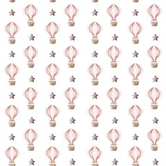 Decorative pattern featuring pink hot air balloons and stars on a white background