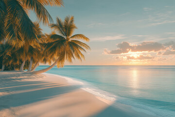 Fototapeta premium Palm trees on the beach at sunset, silhouetted against a vibrant orange and pink sky, casting long shadows on the golden sand.