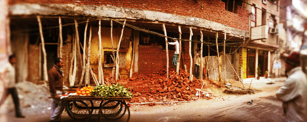 Panoramic view of a building under construction, New Delhi, Delhi, India.