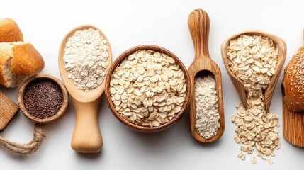 Assortment of Oats, Chia Seeds, and Bread Rolls on White Background