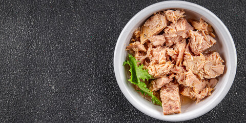 Tuna canned fish seafood appetizer dish organic product fresh tasty gourmet food background on the table rustic food top view copy space keto and paleo pescetarian diet