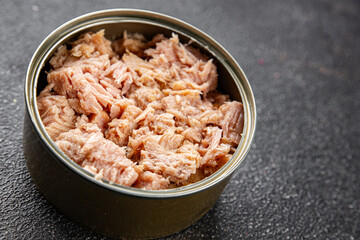 Tuna canned fish seafood appetizer dish organic product fresh tasty gourmet food background on the table rustic food top view copy space keto and paleo pescetarian diet