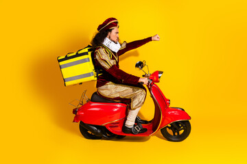 Modern Delivery in Historic Costume with a Bright Yellow Background