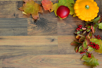 Autumnal Harvest Still Life wooden panel decorating with autumn leaves