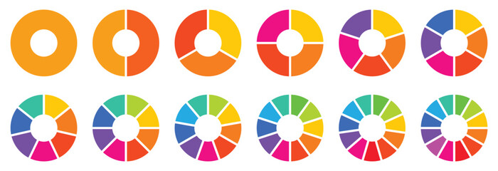 Circle pie chart diagram. Circle section graph. Different color circles. Pie chart set. Pie chart divided 1,2,3,4,5,6, 7, 8, 9, 10, 11, 12 equal parts. donut  infographic elements. Vector illustration