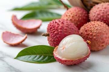 Fresh lychee fruit with pink skin and white flesh. Close-up of fresh lychee fruit with vibrant pink skin and juicy white flesh, perfect for food photography and tropical fruit themes