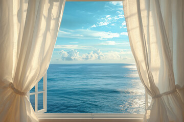 Open curtains reveal a stunning ocean view through a window. © Natalia