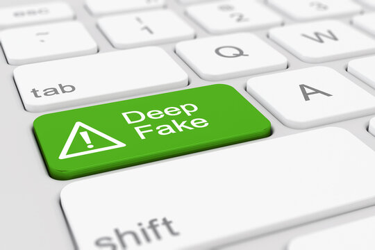 3d rendering of a white keyboard and a green key with the message deep fake and a caution symbol.