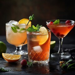 Fototapeta premium Stylish cocktail arrangement with citrus fruits on a dark table for an elegant evening gathering Generative AI