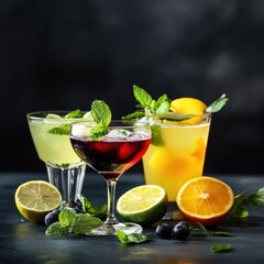 Stylish arrangement of three refreshing cocktails and vibrant citrus fruits on a dark table Generative AI