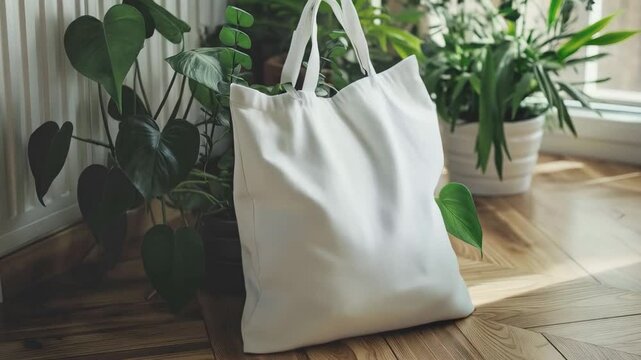 Minimalist white shopping bag mockup resting on wooden parquet floor, surrounded by green plants, natural light creating clean, stylish product presentation