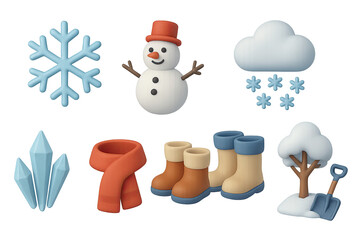 3D icon set of snowy weather: snowflake, snowman, snowfall cloud, ice crystals, scarf, snow boots, frozen tree, snow shovel. 3d icon. icons set of 3d style in a modern design. Isolated