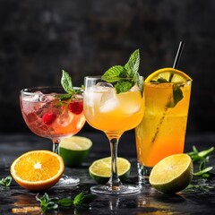 Delightful assortment of cocktails with citrus fruits on a dark background, perfect for evening gatherings and celebrations Generative AI