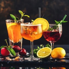 Delicious cocktails with citrus fruits create a vibrant and stylish table setting in a dimly lit atmosphere Generative AI